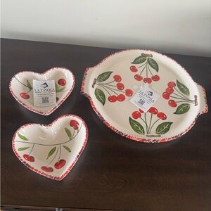 LA TAVOLA ITALY CERAMIC CHERRY PLATTER & HEART SHAPE SIDE BOWLS SET